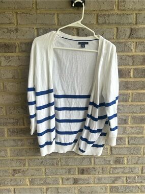 Classic Tommy Hilfiger White and Blue Striped Open-Front Cardigan
